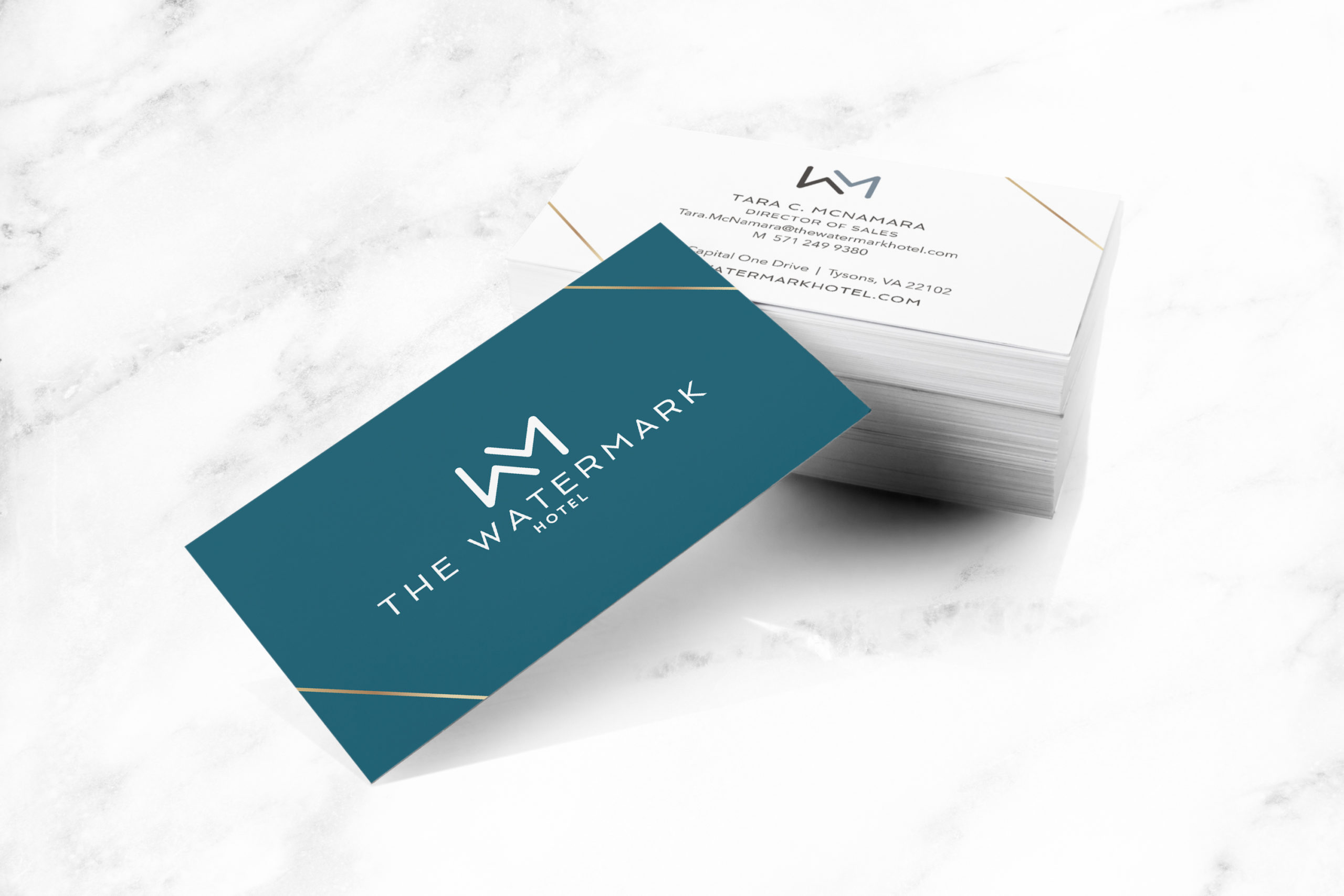 A business card design for employees at The Watermark Hotel Tysons Corner, completed by Red Thinking, a branding and design firm in DC.