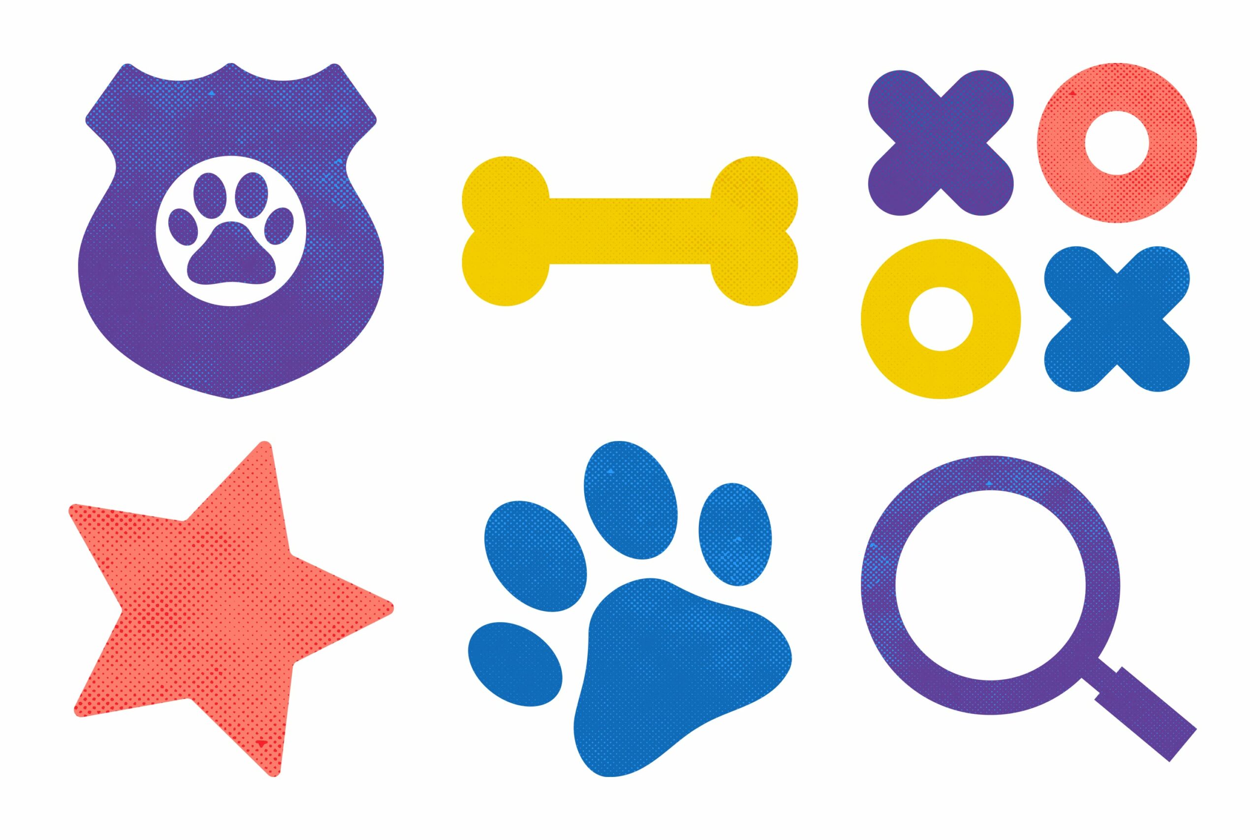Various symbols related to McGruff The Crime Dog, like a badge, paw print, & dog bone.