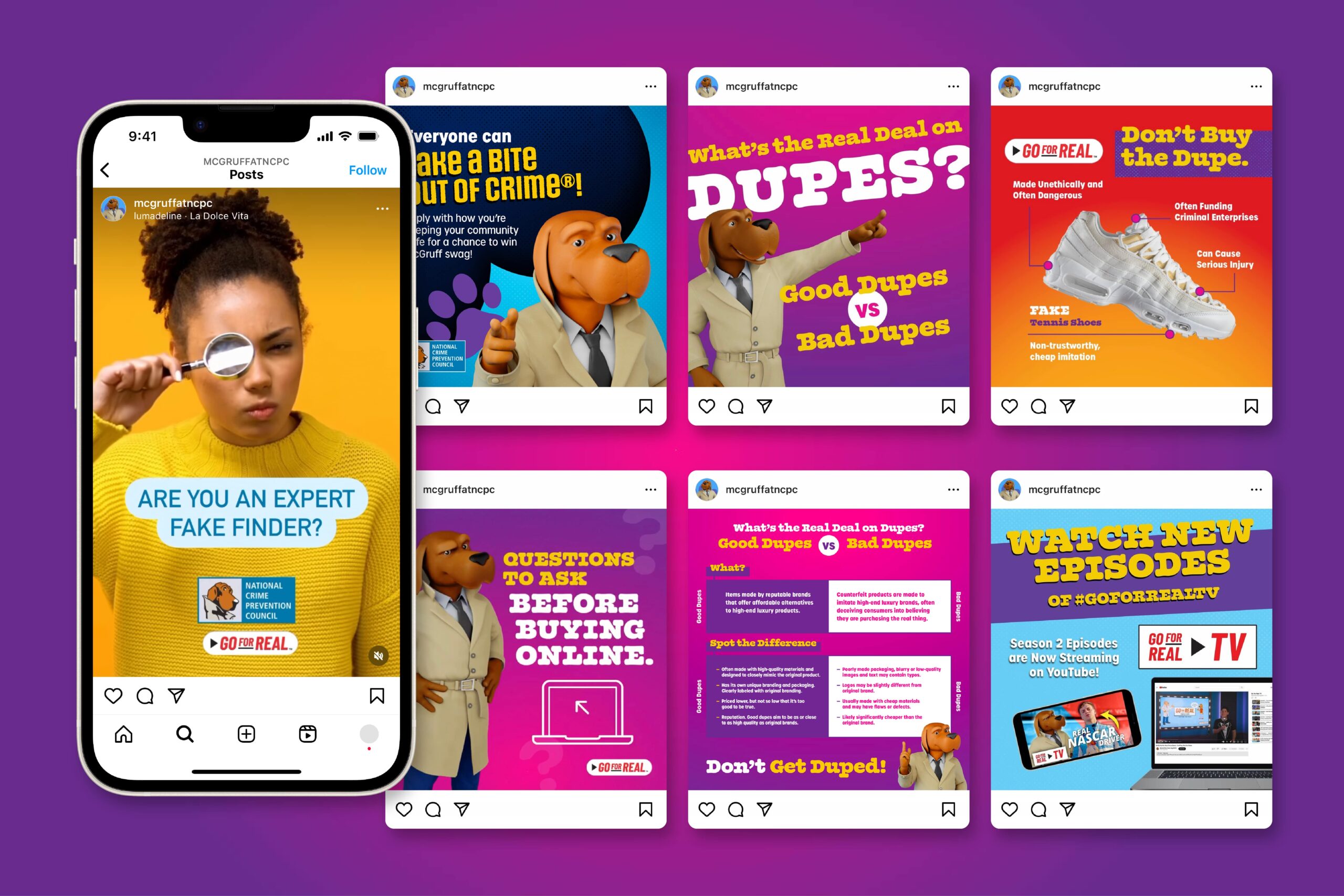 Screenshotted Instagram posts showcasing graphic designs & social media content created by Red Thinking for McGruff The Crime Dog.