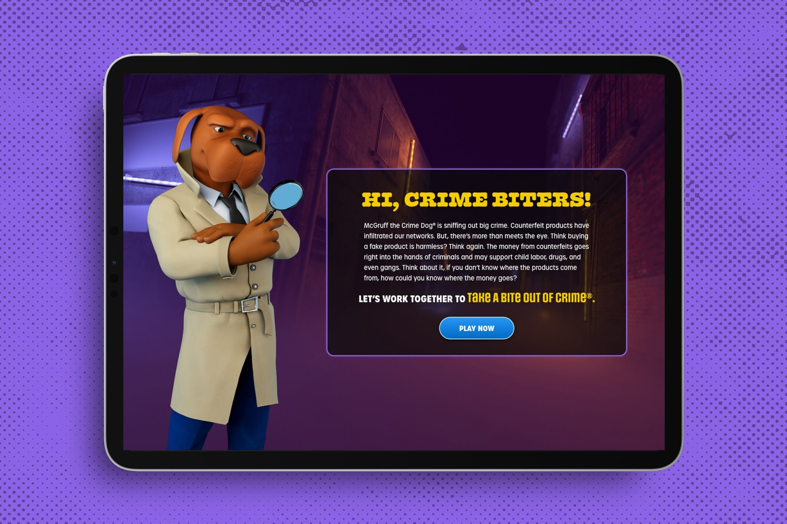 A screenshot of work completed by Red Thinking, a web design agency, for a McGruff The Crime Dog campaign against fake products.