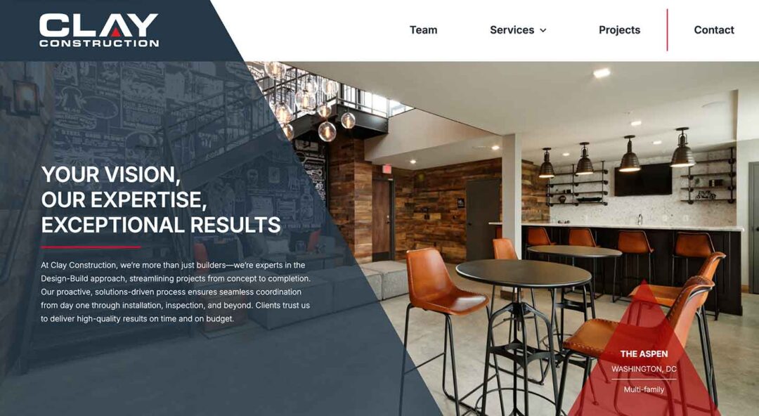 A screenshot of Clay Construction's website homepage, showcasing Red Thinking's creative web design and development services.