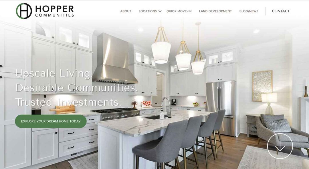 The website homepage of Hopper Communities, showcasing Red Thinking's web design and development services in DC.