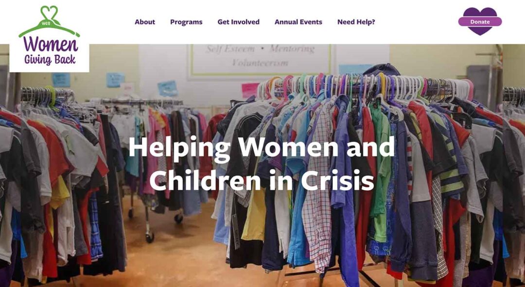 A screenshot of Women Giving Back's website homepage, built by Red Thinking, a website design and web development agency Northern VA.