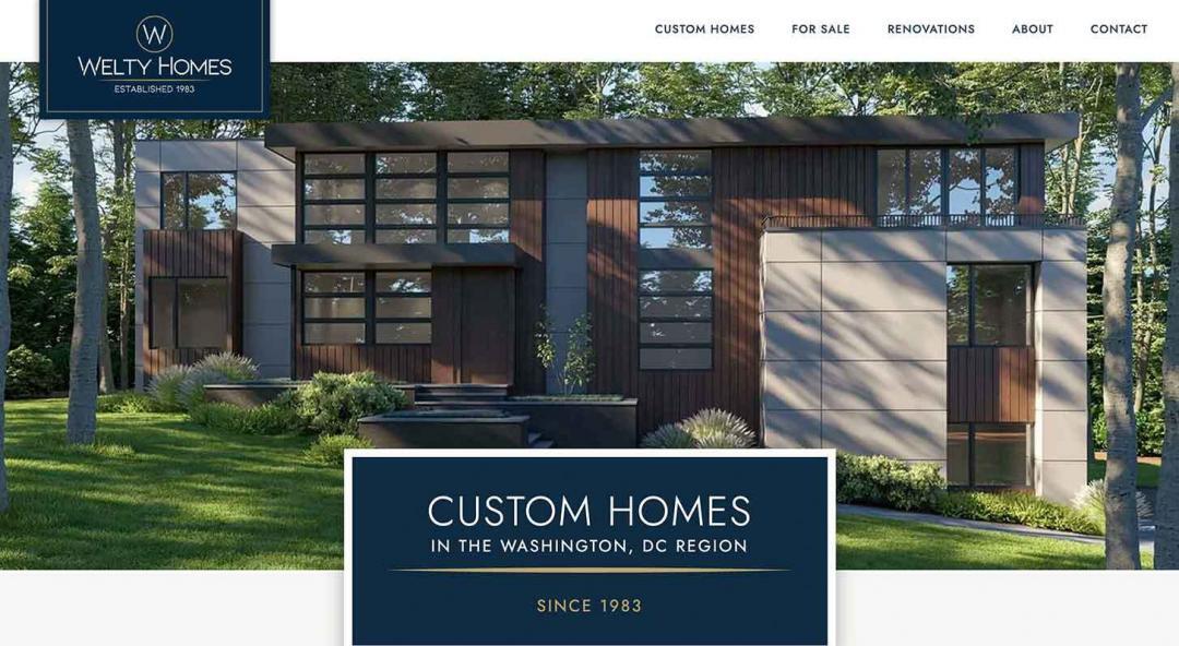 A screenshot of the website homepage for Welty Homes, showcasing the web design and web development services of Red Thinking.